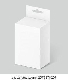 Hanging packaging box mockup for electronic and mobile accessories. Half side view. Vector illustration isolated on grey background. Ready and simple to use for your design. EPS10.