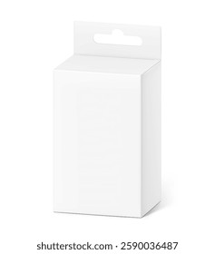 Hanging packaging box mockup for electronic and mobile accessories. Half side view. Vector illustration isolated on white background. Ready and simple to use for your design. EPS10.