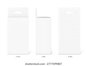 Hanging packaging box mockup. Front, back and side views. Vector illustration isolated on white background. Can be use of cosmetics, electronic and mobile accessories. Ready for your design. Scalable without lose quality. EPS10.