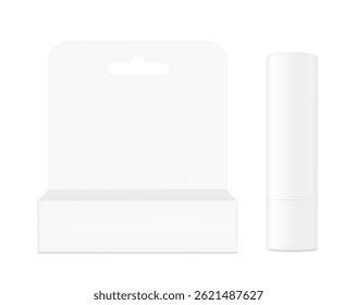 Hanging packaging box mockup with lip balm care mockup. Front view. Vector illustration isolated on grey background. Ready and simple to use for your design. EPS10.