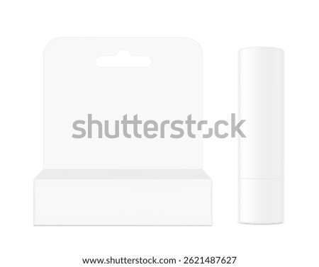 Hanging packaging box mockup with lip balm care mockup. Front view. Vector illustration isolated on grey background. Ready and simple to use for your design. EPS10.