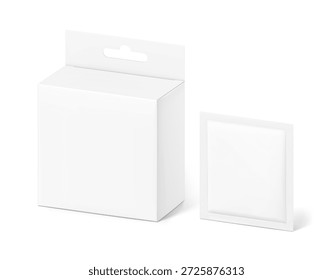 Caja de embalaje colgante con maqueta de bolsita. Vista lateral media. Ilustración vectorial aislada sobre fondo blanco. Listo y fácil de usar para su diseño. EPS10.