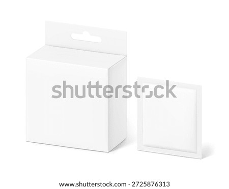 Hanging packaging box with sachet mockup. Half side view. Vector illustration isolated on white background. Ready and simple to use for your design. EPS10.