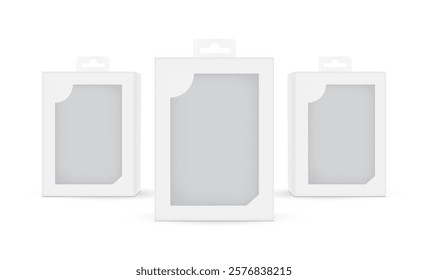 Hanging Packaging Boxes Mockups With Transparent Window, Front View, Isolated On White Background. Vector Illustration