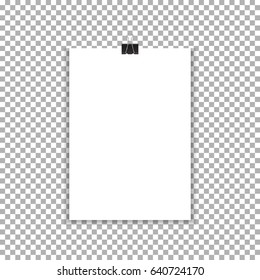 Hanging paper banner with shadow isolated on checkered background. A4 poster, mockup vector. Ad illustration.