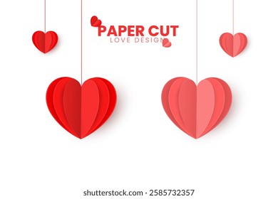 Hanging paper cut love design. Paper heart design template. Red and Pink color paper cut heart vector. Valentine's Day love art. Mother's Day art. 