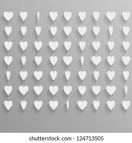 Hanging paper hearts. Vector background