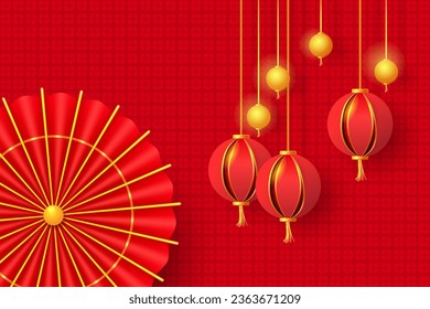 Hanging paper lanterns and traditional red umbrella. Oriental Holiday Lunar New Year poster