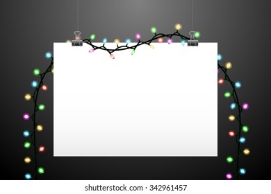 Hanging paper and lights. Vector illustration isolated on dark background for templates, mock ups and backgrounds