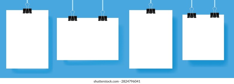 Hanging paper mockup set clipped posters blue background presentation templates	