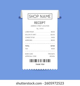 Hanging Paper Receipt with Barcode on Soft Blue Background Vector Illustration