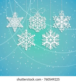 Hanging paper snowflakes vector illustration. Ornate Christmas decorations with shadow, garlands. Paper art volumetric design for New Year and xmas 