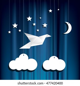 hanging paper stars, clouds and moon over blue velvet background, flying origami bird, vector illustration