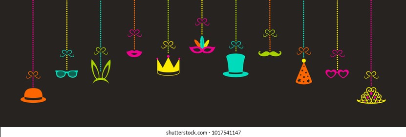 Hanging Party elements - funny costumes. Panoramic header for carnival, party, birthday and photobooth. Vector.