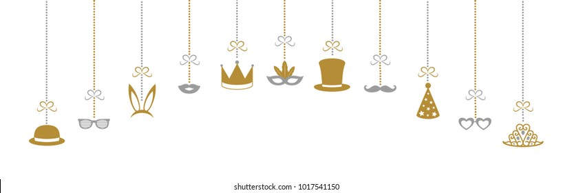 Hanging Party elements - funny costumes. Panoramic header for carnival, party, birthday and photobooth. Vector.