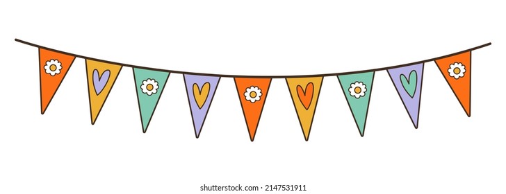 Hanging party garland with flowers and hearts in groovy style. 70s, 80s, 90s vibes funky sticker. Retro bunting vector illustration. Vintage nostalgia element for card, poster design and print