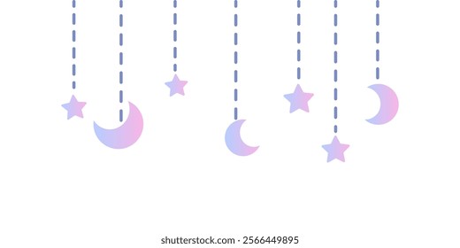 Hanging pastel gradient pink purple moon and stars border frame decoration. Suitable for poster, flyer, brochure, card. Flat decorative vector design isolated illustration.