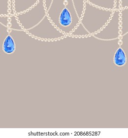 Hanging pearl necklace jewelry with sapphire pendants on gray background