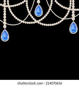 Hanging pearl necklace jewelry with sapphire pendants on black background
