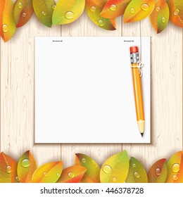 Hanging pencil by the paper sheet on the wooden board with tree autumn leaves. Vector illustration.