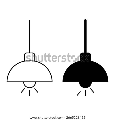 Hanging pendant lamp icon set vector illustration with modern ceiling light fixtures outline and solid style home interior decoration design.