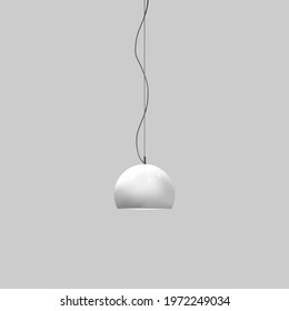 Hanging pendant lamp. Modern interior light. Chandelier with white glossy metal lampshade. Vector mock-up