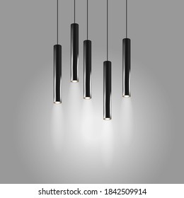 Lámparas colgantes con forma de tubo largo. Luz interior moderna. Lámpara con lámpara cilíndrica de metal negro. Ilustración vectorial realista