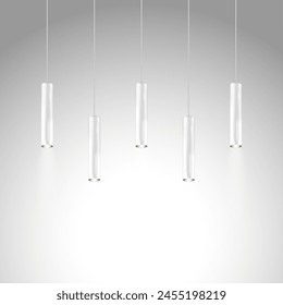 Hanging pendant tube shaped lamps. Modern interior light. Chandelier with white metal cylindrical lampshade. Realistic vector illustration