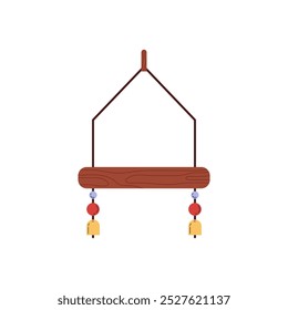 Hanging perch swing for domestic birds, Vector illustration. Wooden perch with colorful toys in the form of balls pi bells. Accessory for a bird cage. Flat cartoon style. Isolated background.