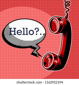 Hanging phone handset with Hello speech bubble. Pop art vector retro illustration.