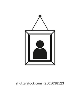 Hanging photo frame. Black and white vector. Portrait picture icon. Simple wall decor.