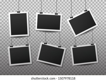 Hanging photo frames. Black empty place for your text or photo.  Vertical and horizontal photo design template.