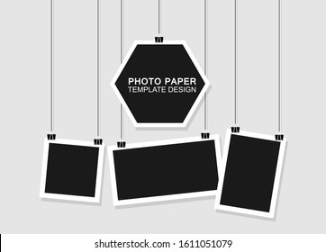 Hanging photo frames. Black empty place for your text or photo. Vertical and horizontal photo design template.