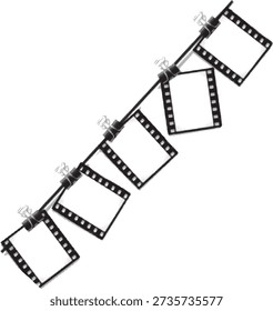 Hanging Photo Frames on Clips, Film Strip Style Empty Picture Frames Isolated on White Background