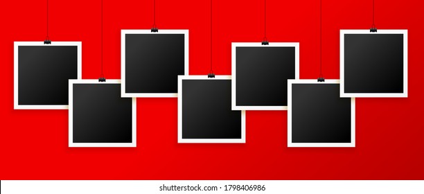 Hanging photo frames on red background. Editable isolated vector illustration.