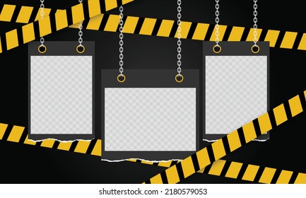 Hanging photo frames on striped background
