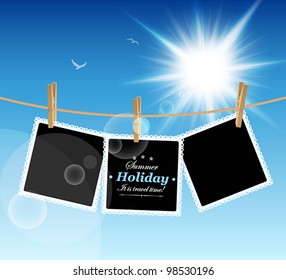 Hanging Pictures on blue sky background. Vector illustration.