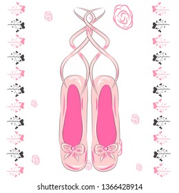 Hanging pink ballet shoes illustration made in outline style.