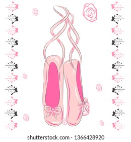 Hanging pink ballet shoes illustration made in outline style.