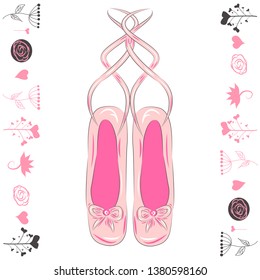 Hanging pink ballet shoes illustration made in outline style.
