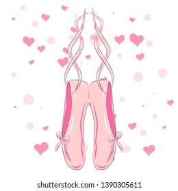 Hanging pink ballet shoes illustration made in outline style.