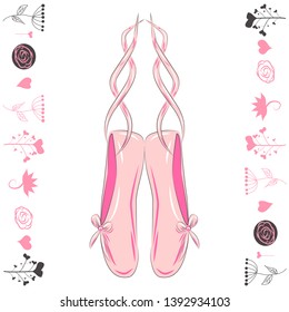 Hanging pink ballet shoes illustration made in outline style.