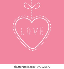 Hanging pink heart with bow. Love card. Illustration