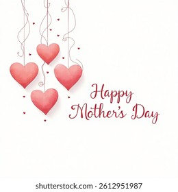Hanging pink hearts vector. Happy Mother`s Day greeting card vector greeting card background.
 vector illustration on white background.