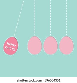 Hanging pink painting egg set. Dash line. Perpetual motion mobile. Happy Easter text. Greeting card. Flat design style. Cute decoration element. pastel color background. Vector illustration