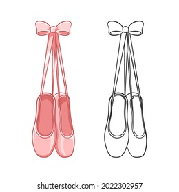 Hanging pink Pointe shoes clipart, ballet shoes tied up with a bow simple flat vector illustration. Ballerina, ballet dancer footwear equipment sign symbol.