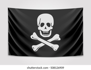 Hanging pirate flag. Vector illustration.