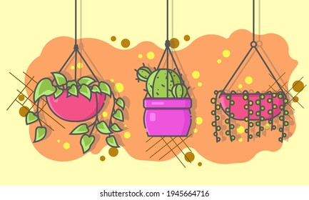 Hanging plant vector collection which is a home decoration with a background in orange and beige. plant vector. home decoration. cartoon flat. vector illustration.can be used for background and banner
