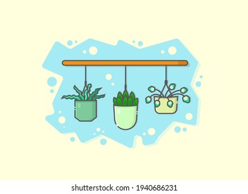 vector de planta colgante con decoración de color azul y fondo beige. vector de planta. decoración en casa. plano de caricatura. ilustración de material vectorial. se puede utilizar para fondo de pantalla, fondo y banner