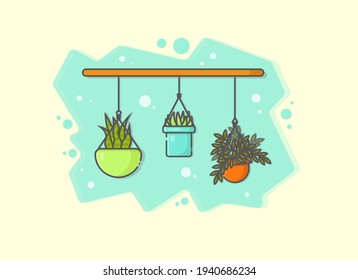 vector de planta colgante con decoración de color azul y fondo beige. vector de planta. decoración en casa. plano de caricatura. ilustración de material vectorial. se puede utilizar para fondo de pantalla, fondo y banner